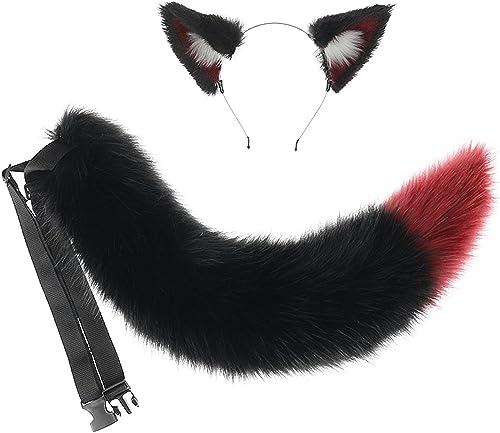 Kunstpelz Katze Fuchs Wolf Ohren Stirnband Schwarz Rot Pelzschwanz für Halloween Party Kostüm Zubehör Cosplay von Generisch