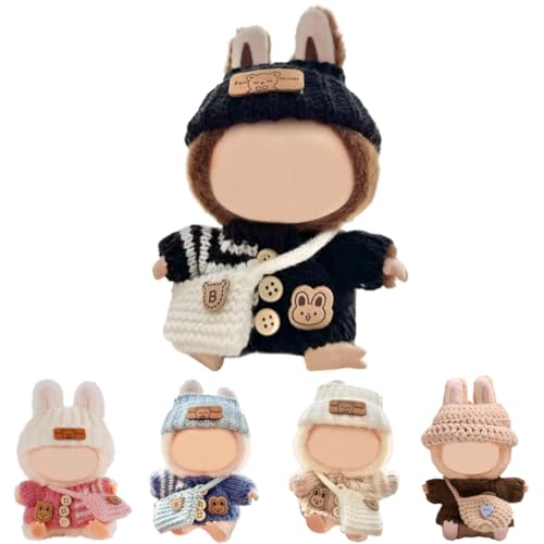 La bubu Kleidung für 17 cm Puppe – Puppen Bekleidung DIY Outfit Set – Weiches Puppen-Kleidungsset, Elastisch & Detailreich, Plüschtier-Bekleidung mit Strickmütze und Tasche (Schwarz) von Generisch