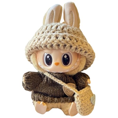 Labubu Kleidung für Puppe, handgefertigt, gehäkelt, 3-teiliges Set für 17 cm große Puppe, Kleidung für Labubus, stilvolle Labubu-Kleidung für Puppe (Brown) von Generisch