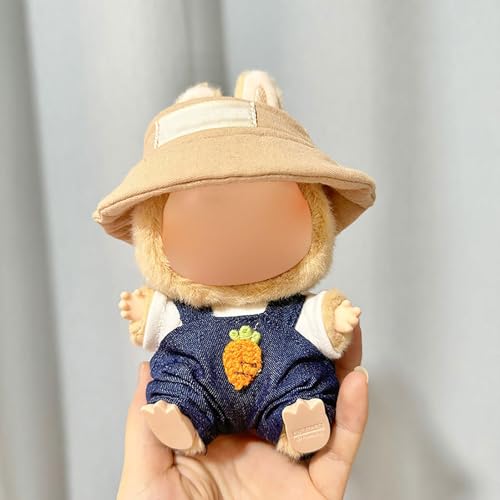Labubu Kleidung für Puppen - Stilvolles Fischerhut & Overalls Set, Strap Rock mit Haarschmuck, Premium Labubu Outfit für 17/15cm Puppen, Sammler Labubu Puppe Kleidung (Keine Puppe) von Generisch