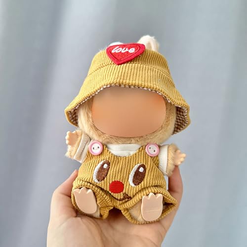 Labubu Kleidung für Puppen - Stilvolles Fischerhut & Overalls Set, Strap Rock mit Haarschmuck, Premium Labubu Outfit für 17/15cm Puppen, Sammler Labubu Puppe Kleidung (Keine Puppe) von Generisch