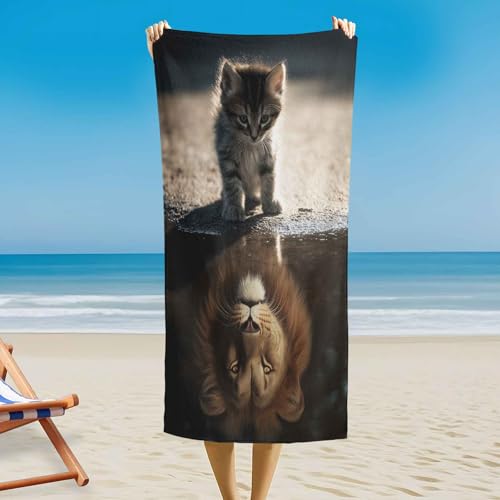 Löwe Strandtuch - 180 x 100 cm, Katze Tier Reflexion Magnetisches Badetuch für Strand Außenbereich, Schwimmen, Sandfrei & Schnelltrocknend Strandhandtuch Handtuch mit Magnetverschluss von Generisch