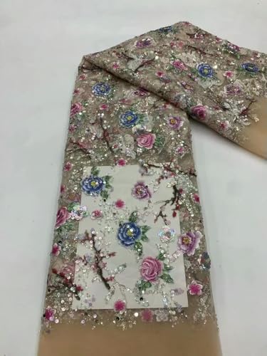 Luxuriöser afrikanischer Pailletten-Spitzenstoff mit schweren Perlen und Stickereien, hochwertige französische Tüllspitze für elegante Hochzeitskleider & Brautkleider von Generisch