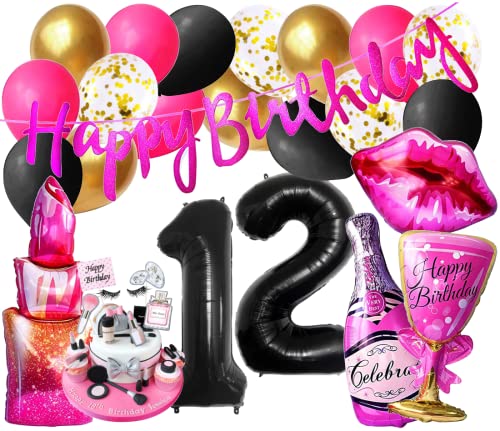 Luxus Lady Mädchen Geburtstags Deko 12 Jahre Girls Party Mode Insta Dekoration Lippen Folienballon Pink Schwartz Ballon 12 Zahlen Folienballons Jubiläum Beauty Kosmetik Stars Motoparty (Zahl 12) von Generisch