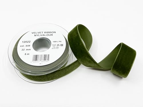 Luxus Samtband mit Webkante, 22mm, 5m-Rolle, 33 Farben, waschbar, für Geschenkverpackungen, Dekorationen, zum Nähen | Seidenbandweberei Säckingen GmbH (549 moos (Moosgrün)) von Generisch