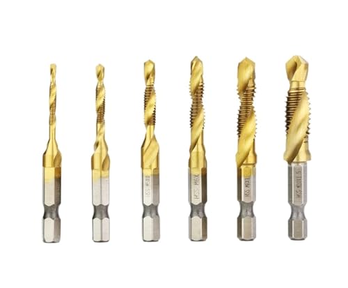 M3-M10 Gewindebohrer HSS-Gewindebohrer Senker-Entgrater-Set Metrischer Kombinationsbohrer Schnellarbeitsstahl-Gewindebohrer Verbundbohrer(Gold 6pcs Set Long) von Generisch