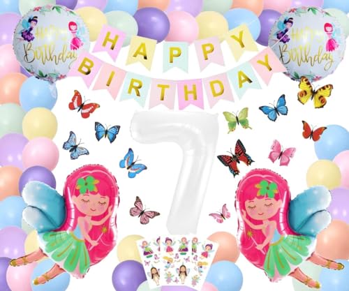 Mädchen 7 Geburtstag Deko Set Luxus Fairy Butterfly Dekoration Fee Schmetterling Riesenzahl 7 Jahre Feen Geburtstag Schmetterling Fee Party Pastell Weiß Ballons 7 Geburtstag Folienballons (Zahl 7) von Generisch