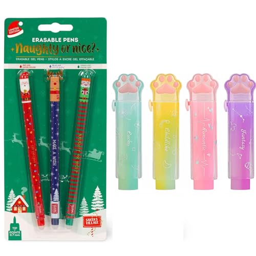 Magical Christmas Pen Trio & 4Pcs Cute Cat Paw Erasers Set - Santa, Reindeer & Kid Erasable Pens + Gradient Retractable Pencil Cleaners von Generisch