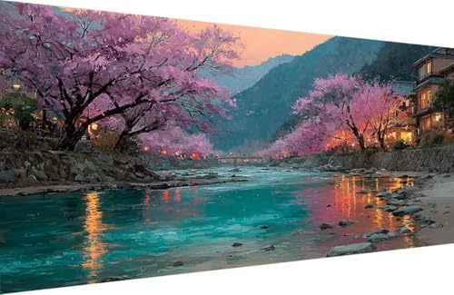 Malen Nach Zahlen Erwachsene Baum Malen Nach Zahlen Fluss Paint by Numbers, DIY Kreatives für Erwachsene ölgemälde Set mit Zubehör Basteln Erwachsene Kunst, Home Haus Deko 80x160cm Mit Rahmen 6-5F58 von Generisch