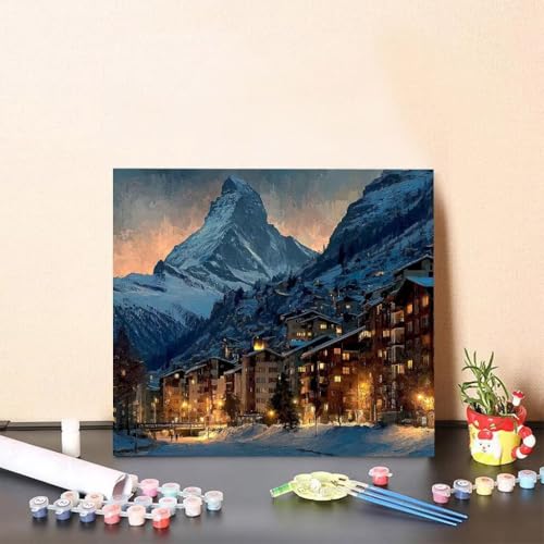 Malen Nach Zahlen Erwachsene Berg Malen Nach Zahlen Stadt Paint by Numbers Adults DIY Set Erwachsene, Handgemalt Leinwand ölgemälde Kunst mit Zubehör für Home Haus Deko 40x40cm Ohne Rahmen 2-47LJ von Generisch