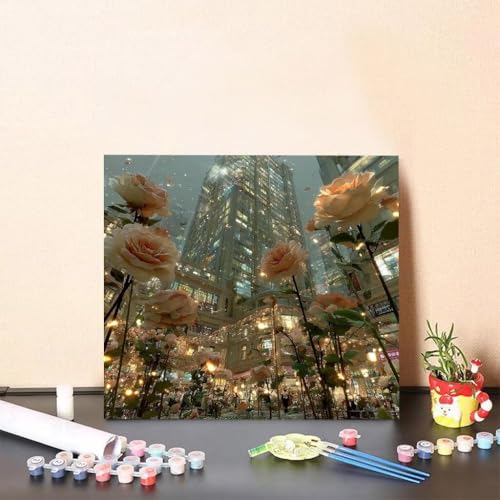 Malen Nach Zahlen Erwachsene Blume Malen Nach Zahlen Gebäude Paint by Numbers Adults DIY Set Erwachsene, Handgemalt Leinwand ölgemälde Kunst mit Zubehör für Home Haus Deko 40x40cm Ohne Rahmen 9-75G3 von Generisch