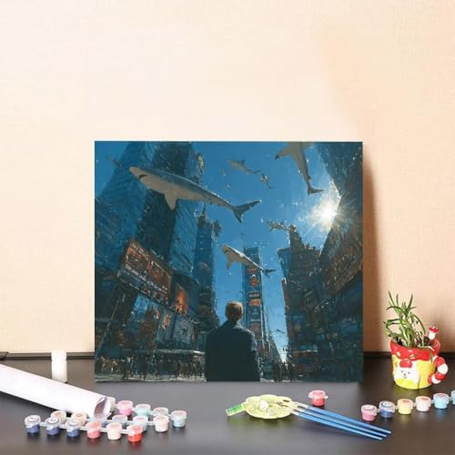 Malen Nach Zahlen Erwachsene Hai Malen Nach Zahlen Stadt Paint by Numbers Adults DIY Set Erwachsene, Handgemalt Leinwand ölgemälde Kunst mit Zubehör für Home Haus Deko 60x60cm Ohne Rahmen B-37LG von Generisch