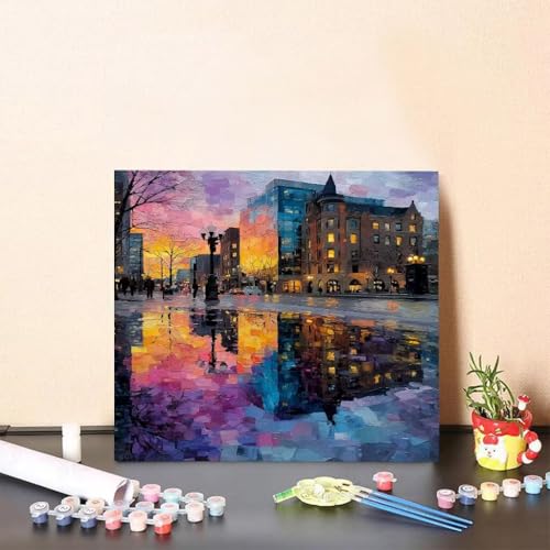 Malen Nach Zahlen Erwachsene Spiegelung Malen Nach Zahlen Stadt Paint by Numbers Adults DIY Set Erwachsene, Handgemalt Leinwand ölgemälde Kunst mit Zubehör für Home Deko 60x60cm Ohne Rahmen 5-33OK von Generisch