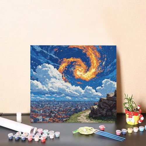 Malen Nach Zahlen Erwachsene Stadt Malen Nach Zahlen Sonne Paint by Numbers Adults DIY Set Erwachsene, Handgemalt Leinwand ölgemälde Kunst mit Zubehör für Home Haus Deko 40x40cm Ohne Rahmen 1-650W von Generisch