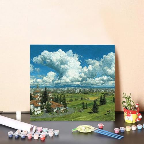 Malen Nach Zahlen Erwachsene Wolke Malen Nach Zahlen Stadt Paint by Numbers Adults DIY Set Erwachsene, Handgemalt Leinwand ölgemälde Kunst mit Zubehör für Home Haus Deko 60x60cm Ohne Rahmen E-693A von Generisch
