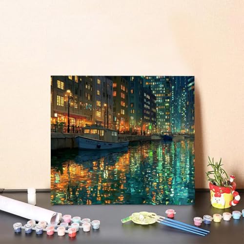 Malen Nach Zahlen Kinder Fluss DIY Malen Nach Zahlen Stadt Kreatives für Erwachsene Kunst Paint by Number Adult, DIY Handgemalt Leinwand ölgemälde mit Zubehör, Geschenke 80x80cm Ohne Rahmen 1-63CH von Generisch