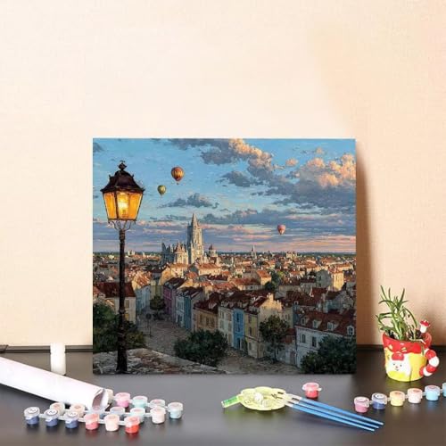 Malen Nach Zahlen Kinder Stadt DIY Malen Nach Zahlen Heißluftballon Kreatives für Erwachsene Kunst Paint by Number Adult, DIY Handgemalt ölgemälde mit Zubehör, Geschenke 40x40cm Ohne Rahmen 5-56Q1 von Generisch