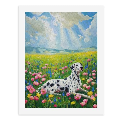 Malen nach Zahlen, Ein Dalmatiner liegt in einem Feld bunter Blumen, digitales Gemälde für Erwachsene, Kunstwerk für Wanddekoration, einzigartiger moderner abstrakter Druck, ungerahmt 40 x 50 cm von Generisch