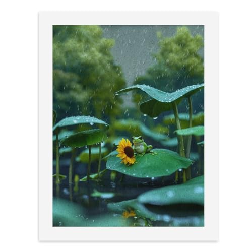 Malen nach Zahlen, Ein Frosch, der auf Lilienblöcken sitzt, mit Regentropfen, digitale Malerei, Kunstwerk für Erwachsene, Wanddekoration, einzigartiger moderner abstrakter Druck, ungerahmt 40 x 50 cm von Generisch