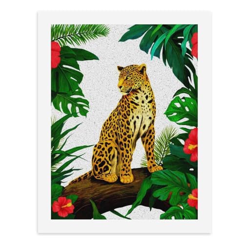 Malen nach Zahlen, Ein Leopard, der auf einem Ast sitzt, umgeben von tropischem Laub, digitales Gemälde für Erwachsene, Kunstwerk für Wanddekoration, einzigartiger moderner abstrakter Druck, ungerahmt von Generisch