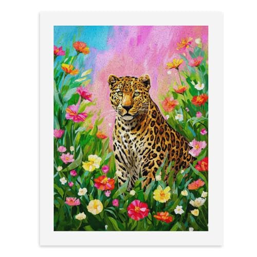 Malen nach Zahlen, Ein Leopard inmitten lebendiger Blumen, digitales Gemälde für Erwachsene, Kunstwerk für Wanddekoration, einzigartiger moderner abstrakter Druck, ungerahmt 40 x 50 cm von Generisch