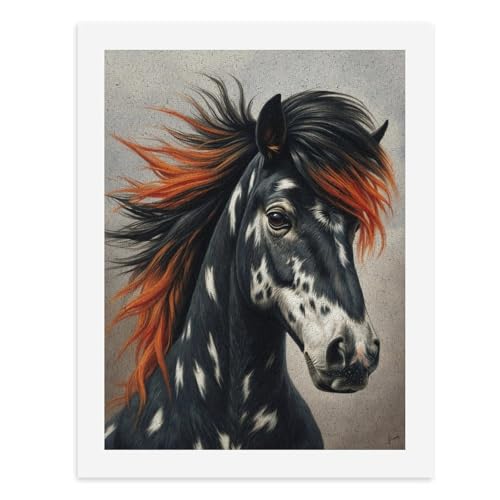 Malen nach Zahlen, Ein auffälliges schwarz-weißes Pferd mit feuriger orangefarbener Mähne, digitales Gemälde für Erwachsene, Kunstwerk für Wanddekoration, einzigartiger moderner abstrakter Druck Malen nach Zahlen, Ein auffälliges schwarz-weißes Pferd mit feuriger orangefarbener Mähne, digitales Gemälde für Erwachsene, Kunstwerk für Wanddekoration, einzigartiger moderner abstrakter Druck von Generisch