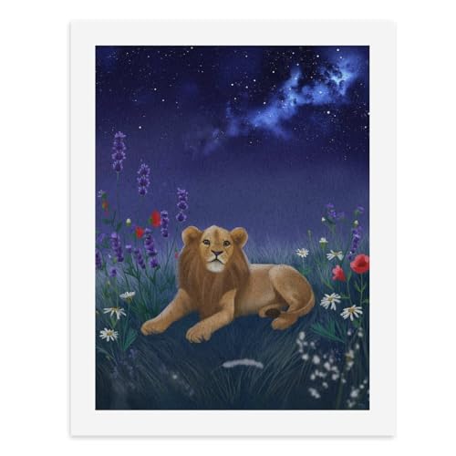 Malen nach Zahlen, Ein majestätischer Löwe, der inmitten lebendiger Blumen unter einem Sternenhimmel ruht, digitales Gemälde für Erwachsene, Kunstwerk für Wanddekoration, einzigartiger moderner von Generisch
