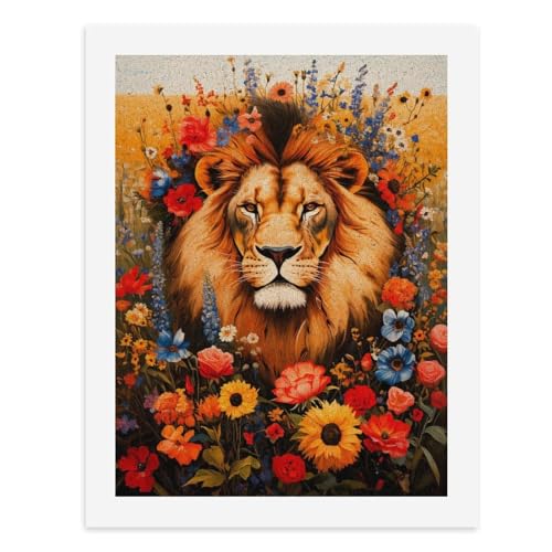 Malen nach Zahlen, Ein majestätischer Löwe, umgeben von lebendigen Blumen, digitales Gemälde für Erwachsene, Kunstwerk für Wanddekoration, einzigartiger moderner abstrakter Druck, ungerahmt 40 x 50 cm von Generisch