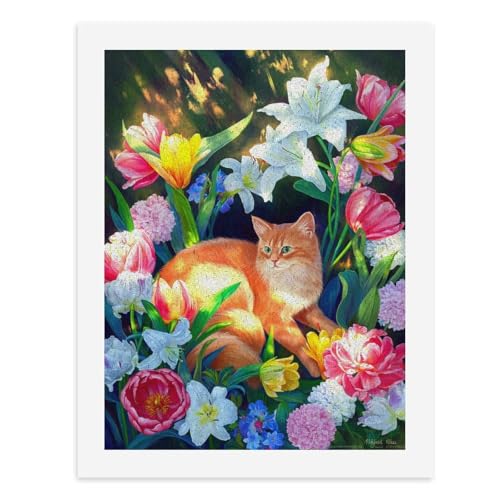 Malen nach Zahlen, Eine flauschige orangefarbene Katze, eingebettet in lebendige Blumen, digitales Gemälde für Erwachsene, Kunstwerk für Wanddekoration, einzigartiger moderner abstrakter Druck von Generisch