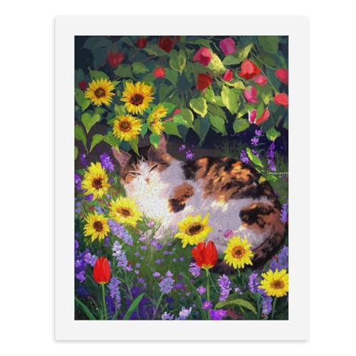 Malen nach Zahlen, Eine friedliche Katze eingebettet in lebendige Blumen, digitales Gemälde für Erwachsene, Kunstwerk für Wanddekoration, einzigartiger moderner abstrakter Druck, ungerahmt 40 x 50 cm von Generisch