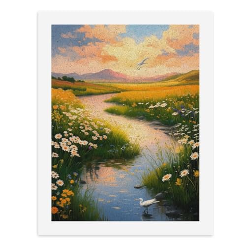 Malen nach Zahlen, Eine ruhige Landschaft mit einem gewundenen Bach, umgeben von lebendigen Blumen, digitales Gemälde für Erwachsene, Kunstwerk für Wanddekoration, einzigartiger moderner abstrakter von Generisch