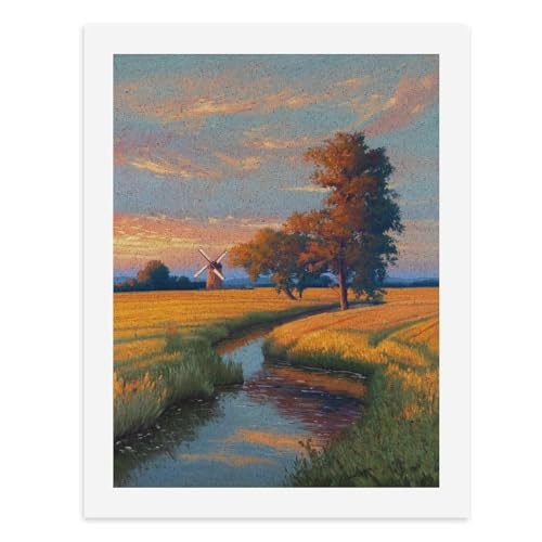 Malen nach Zahlen, Eine ruhige Landschaft mit einer Windmühle in der Ferne, digitales Gemälde für Erwachsene, Kunstwerk für Wanddekoration, einzigartiger moderner abstrakter Druck, ungerahmt 40 x 50 von Generisch