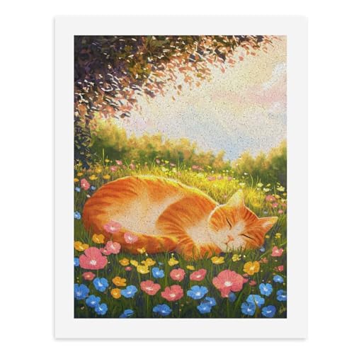 Malen nach Zahlen, Eine schlafende orangefarbene Katze in einem Feld bunter Blumen, digitales Gemälde für Erwachsene, Kunstwerk für Wanddekoration, einzigartiger moderner abstrakter Druck, ungerahmt von Generisch