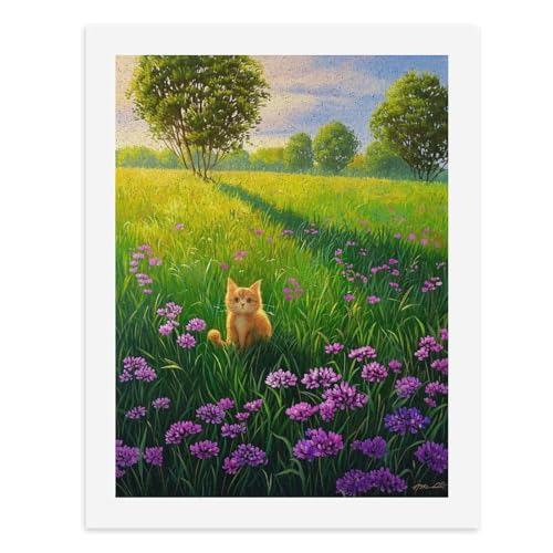 Malen nach Zahlen, Eine süße orangefarbene Katze, die auf einem Feld lila Blumen sitzt, digitales Gemälde für Erwachsene, Kunstwerk für Wanddekoration, einzigartiger moderner abstrakter Druck von Generisch