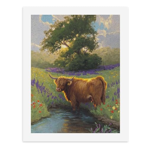 Malen nach Zahlen, Hochlandkuh, die in einem Bach steht, umgeben von bunten Blumen, digitales Gemälde für Erwachsene, Kunstwerk für Wanddekoration, einzigartiger moderner abstrakter Druck, ungerahmt von Generisch