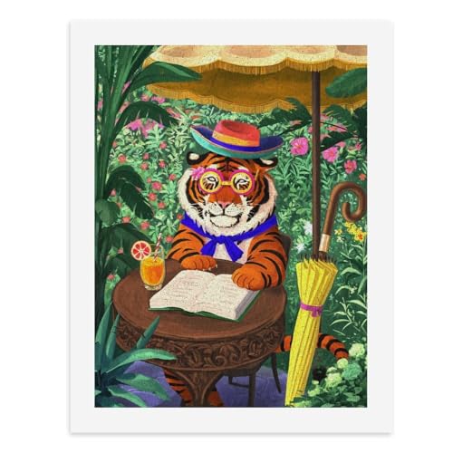 Malen nach Zahlen, Motiv: Ein Tiger, der sich in einem tropischen Garten entspannt, ein Buch lesen, digitales Gemälde für Erwachsene, Kunstwerk für Wanddekoration, einzigartiger moderner abstrakter von Generisch