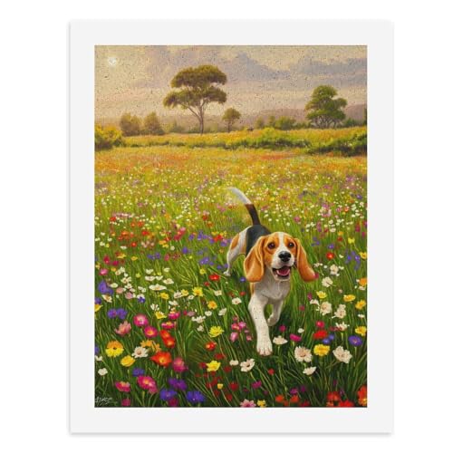 Malen nach Zahlen, Motiv: Ein glücklicher Beagle, der in einem Feld bunter Blumen läuft, digitales Gemälde für Erwachsene, Kunstwerk für Wanddekoration, einzigartiger moderner abstrakter Druck von Generisch