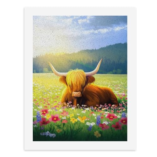 Malen nach Zahlen, Motiv: Eine Hochlandkuh in einem Feld bunter Blumen, digitales Gemälde für Erwachsene, Kunstwerk für Wanddekoration, einzigartiger moderner abstrakter Druck, ungerahmt 40 x 50 cm von Generisch