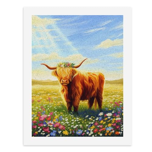 Malen nach Zahlen, Motiv: Eine Hochlandkuh verziert mit Blumen steht auf einem Feld bunter Wildblumen, digitales Gemälde für Erwachsene, Kunstwerk für Wanddekoration, einzigartiger moderner abstrakter von Generisch