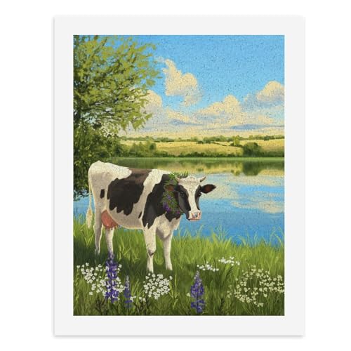 Malen nach Zahlen, Motiv: Eine Kuh mit lila Blumen in ihren Hörnern steht am See, digitales Gemälde für Erwachsene, Kunstwerk für Wanddekoration, einzigartiger moderner abstrakter Druck, ungerahmt 40 von Generisch