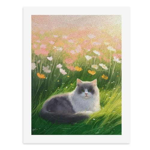 Malen nach Zahlen, Motiv: Eine flauschige Katze, die sich in einem Feld bunter Blumen entspannt, digitales Gemälde für Erwachsene, Kunstwerk für Wanddekoration, einzigartiger moderner abstrakter Druck von Generisch