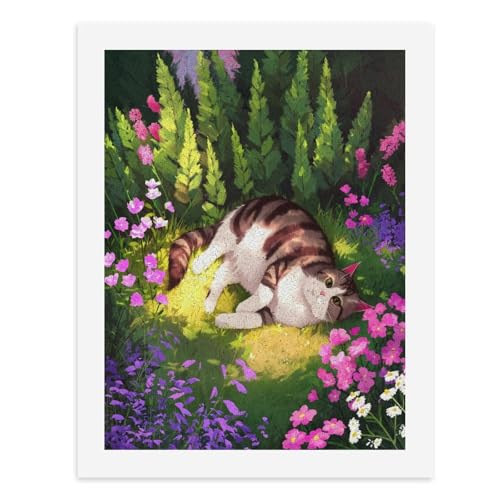 Malen nach Zahlen, Motiv: Eine gestreifte Katze, die in einem Feld bunter Blumen liegt, digitales Gemälde für Erwachsene, Kunstwerk für Wanddekoration, einzigartiger moderner abstrakter Druck von Generisch