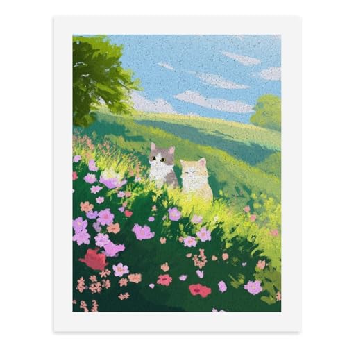 Malen nach Zahlen, Motiv: Zwei Katzen, die in einem Feld mit bunten Blumen sitzen, digitales Gemälde für Erwachsene, Kunstwerk für Wanddekoration, einzigartiger moderner abstrakter Druck, ungerahmt 40 von Generisch