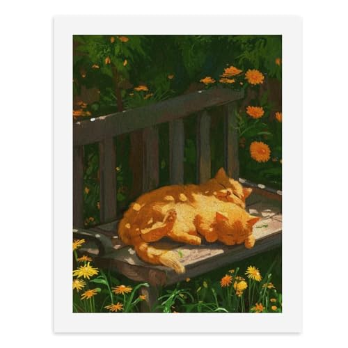 Malen nach Zahlen, Zwei flauschige orangefarbene Katzen, die auf einer Holzbank schlafen, umgeben von lebendigen Blumen, digitales Gemälde für Erwachsene, Kunstwerk für Wanddekoration, einzigartiger von Generisch