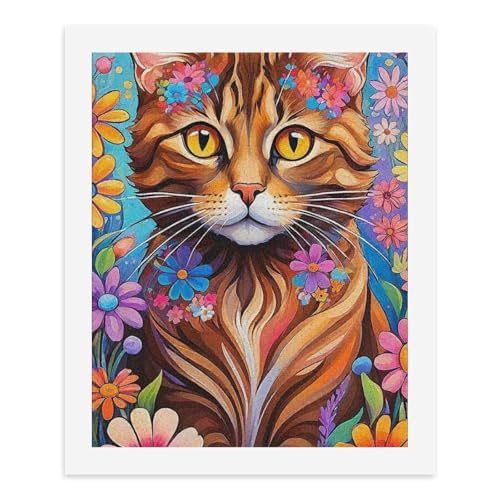 Malen nach Zahlen, bunte Katze umgeben von Blumen. 4-teiliges digitales Malset für Erwachsene, 40 x 50 cm von Generisch
