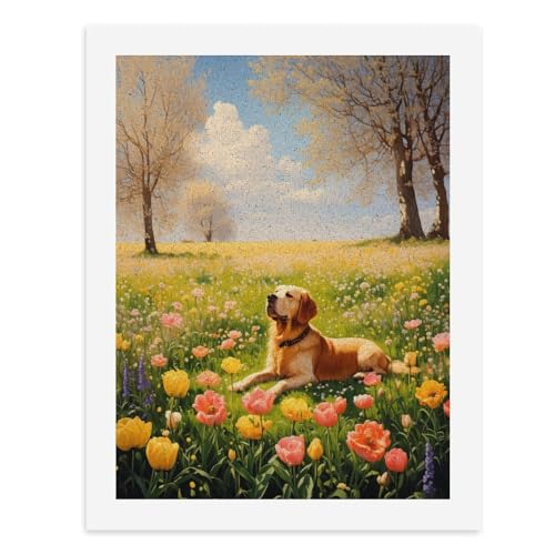 Malen nach Zahlen, ein Golden Retriever, der in einem Feld bunter Blumen liegt, digitales Gemälde für Erwachsene, Kunstwerk für Wanddekoration, einzigartiger moderner abstrakter Druck, ungerahmt 40 x von Generisch