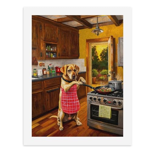 Malen nach Zahlen, ein Hund mit Schürze beim Kochen in der Küche, digitales Gemälde, Kunstwerk für Erwachsene, Wanddekoration, einzigartiger moderner abstrakter Druck, ungerahmt 40 x 50 cm von Generisch