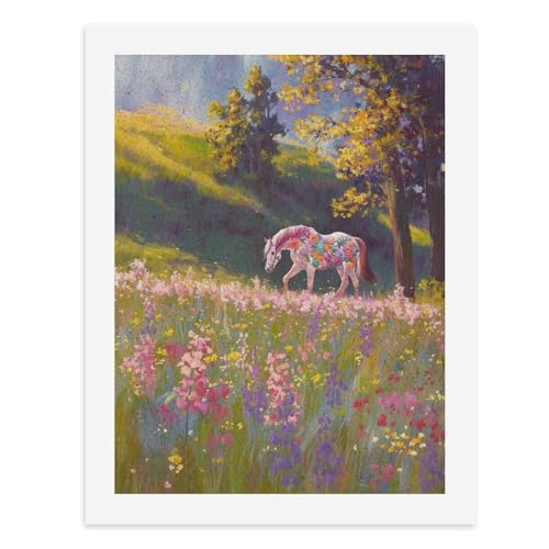 Malen nach Zahlen, ein Pferd mit Blumen auf einer lebendigen Wiese für Erwachsene, digitales Gemälde, Kunstwerk für Wanddekoration, einzigartiger moderner abstrakter Druck, ungerahmt 40 x 50 cm von Generisch