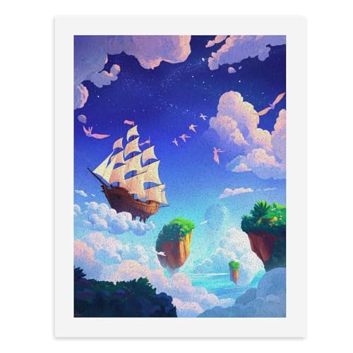 Malen nach Zahlen, ein fantastisches Schiff, das unter schwimmenden Inseln am Himmel segelt, digitales Gemälde für Erwachsene, Kunstwerk für Wanddekoration, einzigartiger moderner abstrakter Druck von Generisch