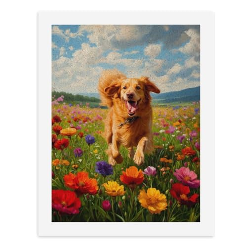Malen nach Zahlen, ein fröhlicher Golden Retriever, springt inmitten lebendiger Blumen, digitales Gemälde für Erwachsene, Kunstwerk für Wanddekoration, einzigartiger moderner abstrakter Druck von Generisch